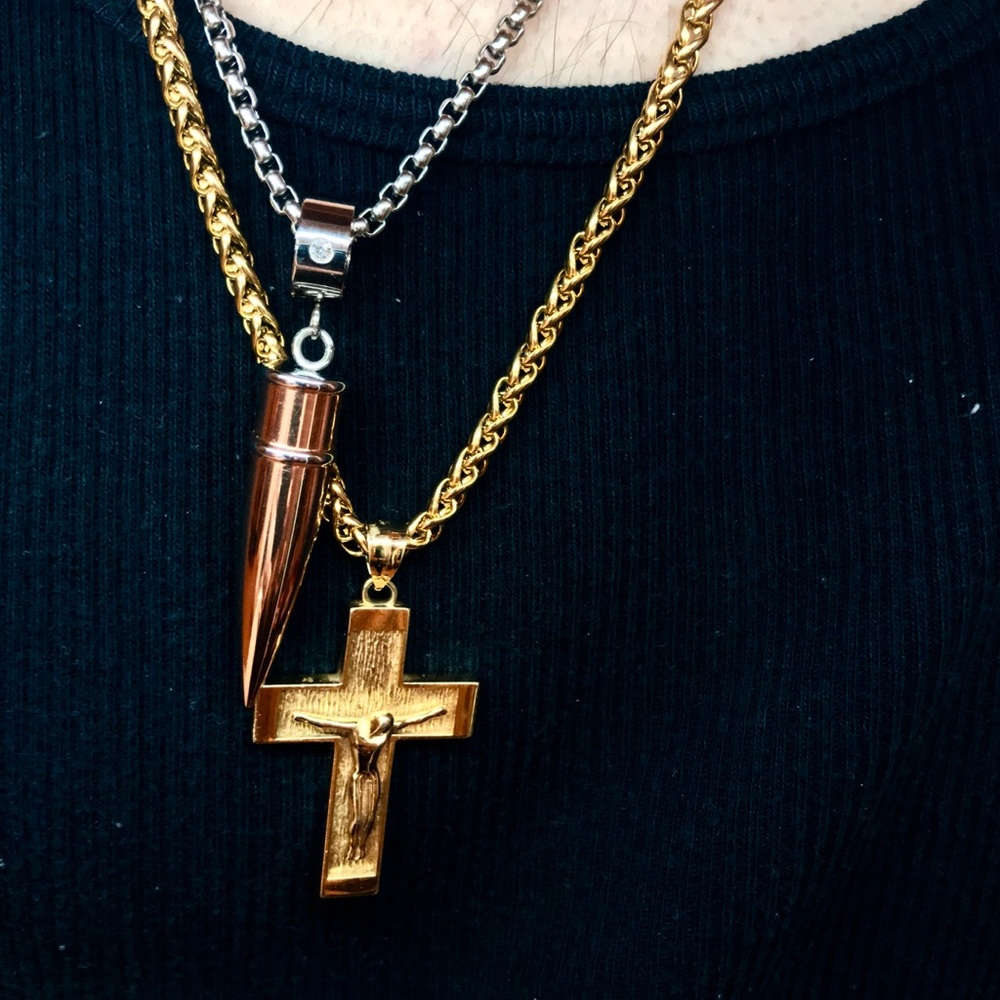 18k Gold Plated Chain & Cross. Silver Chain Bullet